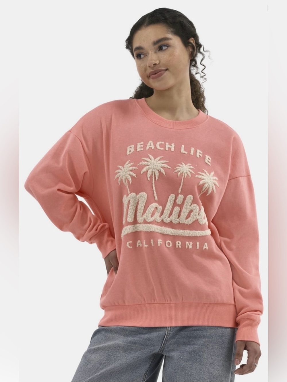 NoBo Women’s Oversized Sweatshirt Beach Life Malibu California Chenille Palm (S)